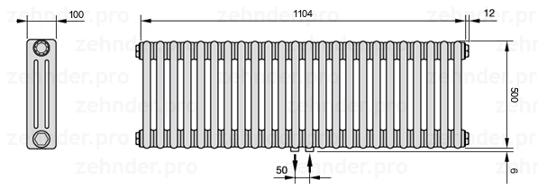 Схема (чертеж) Радиатор Zehnder Charleston 3050/24 №5410 Белый глянцевый RAL 9016
